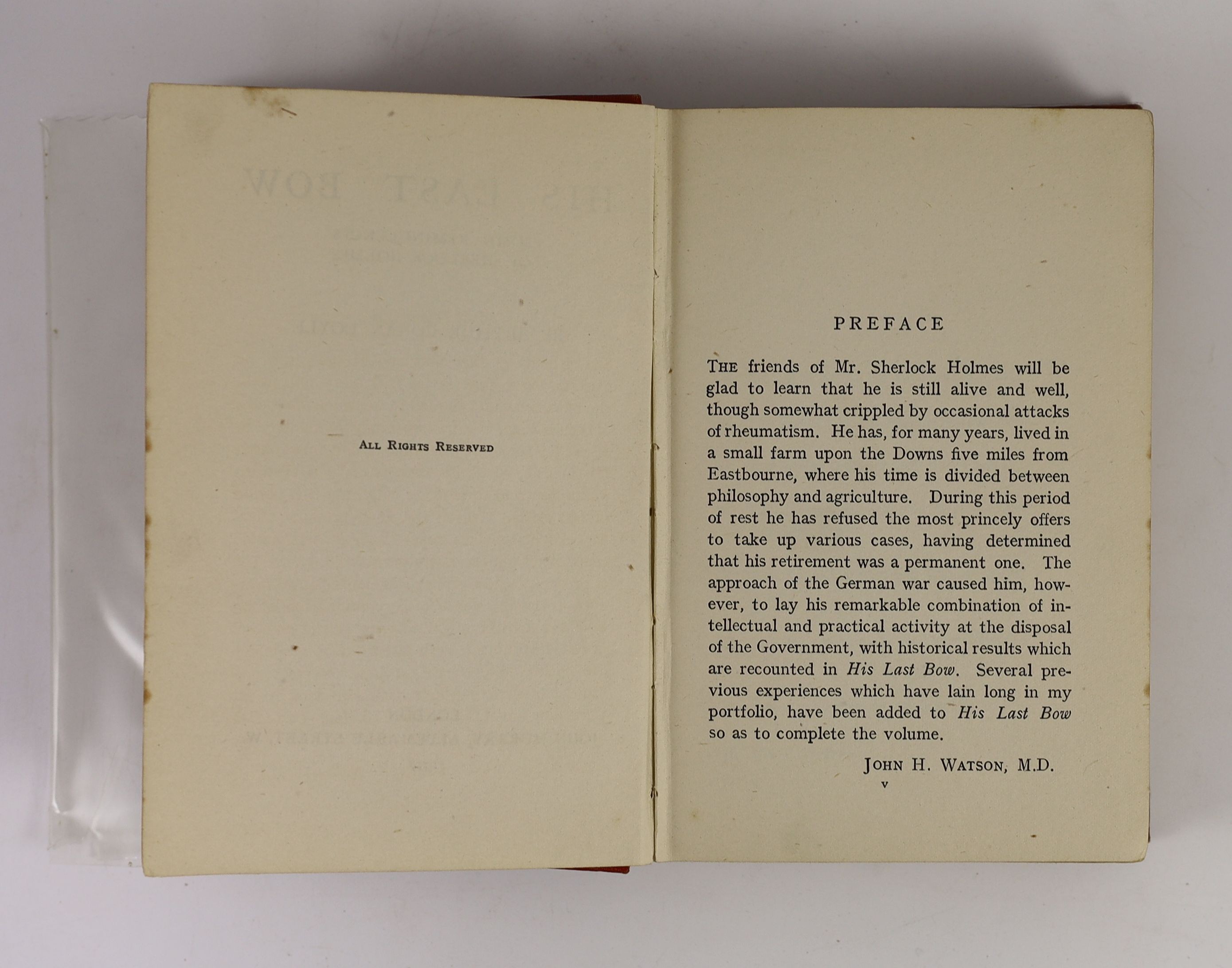 Doyle, Arthur Conan, Sir - His Last Bow, 1st edition, 8vo, original cloth gilt, John Murray, London, 1917 and The Case-Book of Sherlock Holmes, 1st edition, 8vo, original cloth gilt, John Murray, London, 1927 (2)